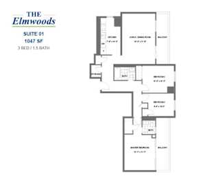 Floor Plan  The Elmwoods - 3 BED - 1.5 BATH - 1047 SF - Apartment