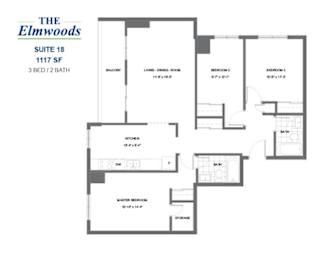 Floor Plan  The Elmwoods - 3 BED - 2 BATH - 1117 SF - Apartment