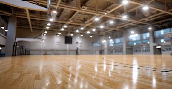 A basketball court with wooden floor and a basketball hoop.