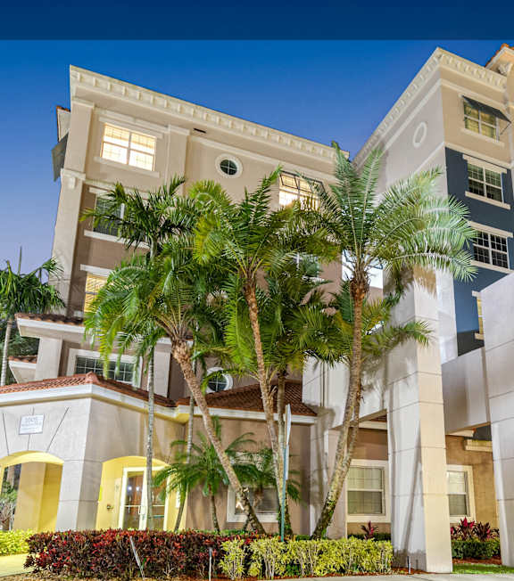 A modern building with a white and beige exterior is surrounded by palm trees and has a red brick walkway in front.