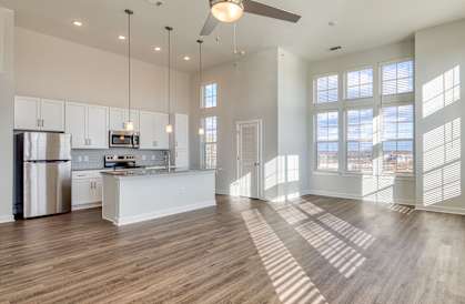 an open living room with a kitchen and a ceiling fan at The Bella at Westchester, Midlothian, VA, 23113