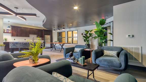 a living room with couches and chairs and a kitchen at Proximity at ODU, Norfolk, Virginia