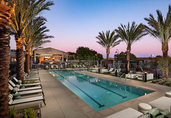 A pool surrounded by palm trees and lounge chairs.