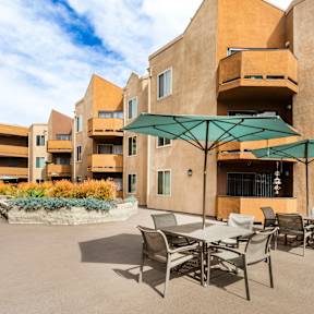 Patio with a Table and Chairs at Encino Palms Apartments, Encino, 91316