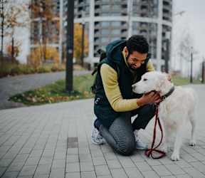 a man kneeling down with a white dog on a leash,  The Can Plant,  Luxury Apartments in San Antonio