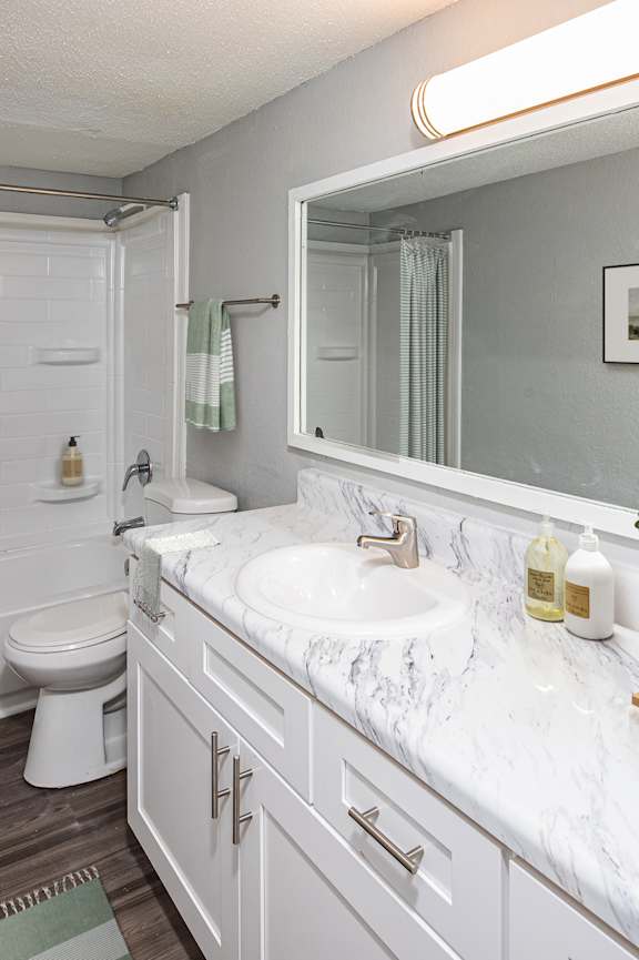 A bathroom with a white sink and a mirror.