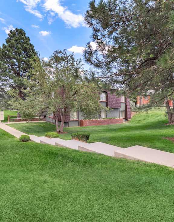 A grassy area with a pathway and trees in the background.