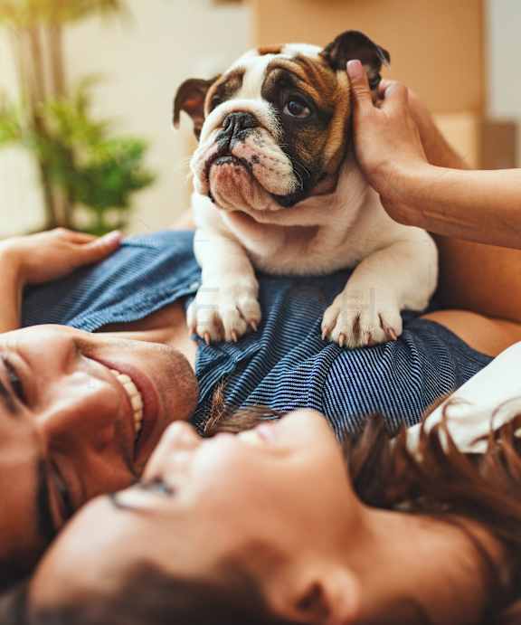 A person is lying down with a dog on their shoulder.at Aspen at Lake Trail, Columbia