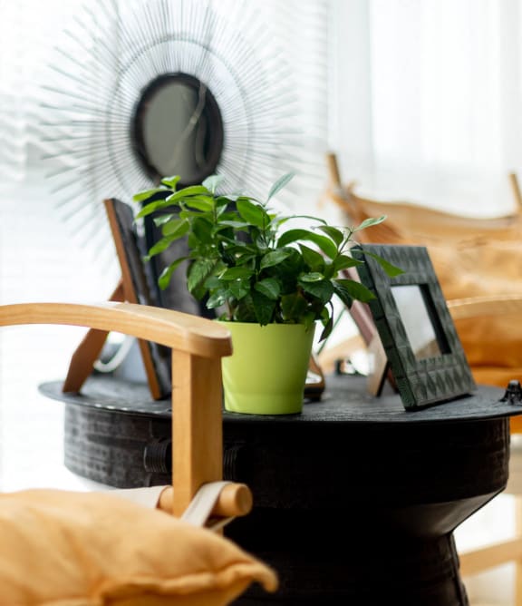 a wooden chair with a table with a plant and a fan at Greens at Stonecreek, Lithonia, GA, 30038