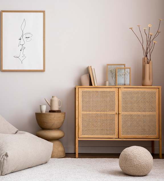 A grey armchair with a blue pillow sits in a room with a floor lamp.