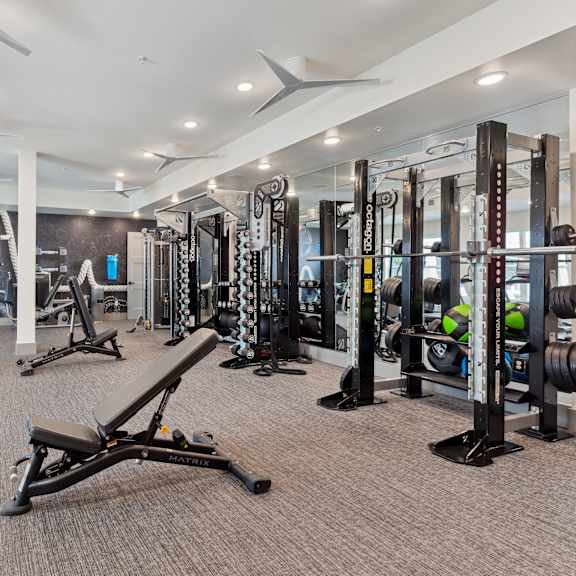A gym with a variety of equipment including treadmills, weights, and exercise machines.