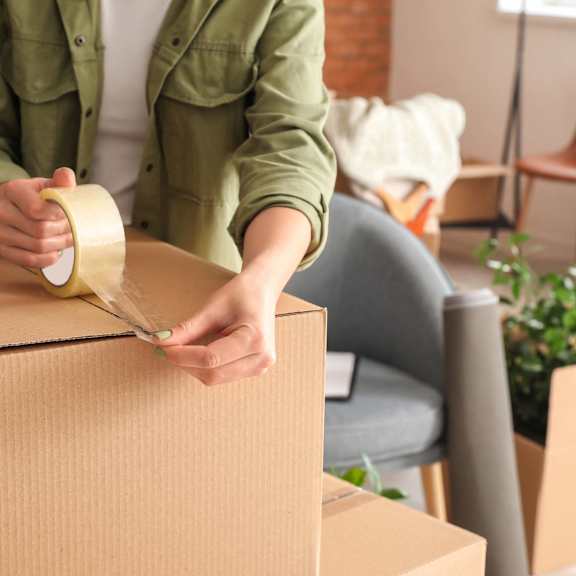 a person sealing a box with a sealing tape