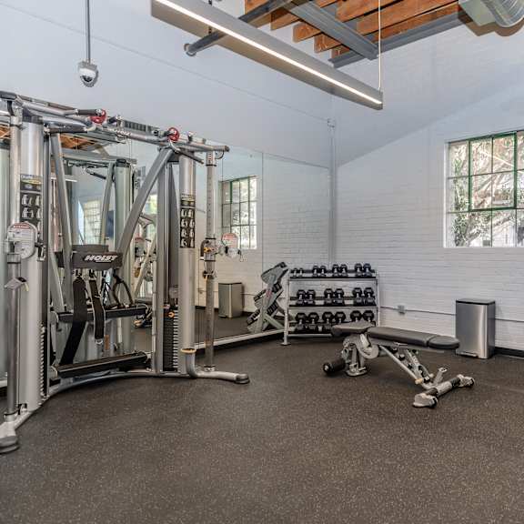 The Gallery on 5th Apartments Fitness Center with Weights and Machinery