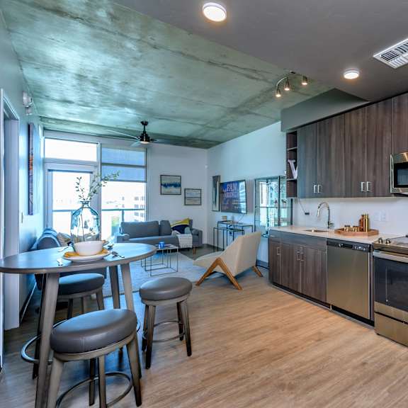 The Gallery on 5th Apartments Model Living Room and Kitchen