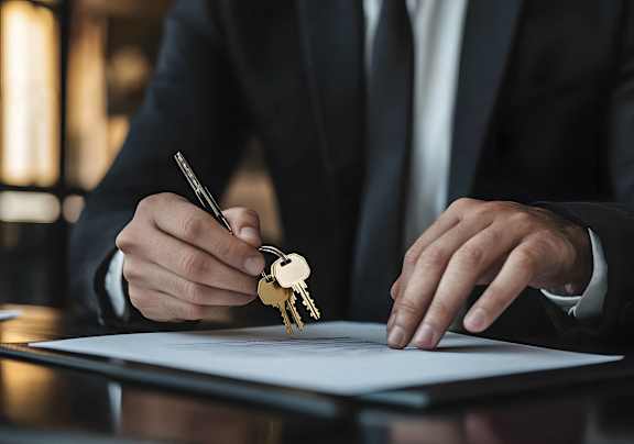 A person in a suit signing a document with a set of keys in their other hand.