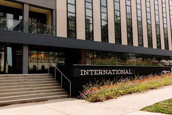 A building with the word INTERNATIONAL on the front.