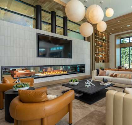 A modern living room with a fireplace and a television.