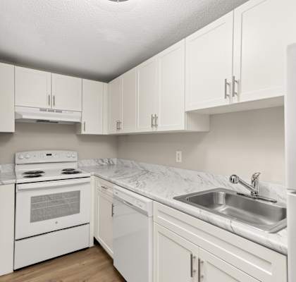A white kitchen with a stove, sink, and cabinets.