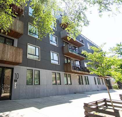 A modern building with balconies and a tree in front.
