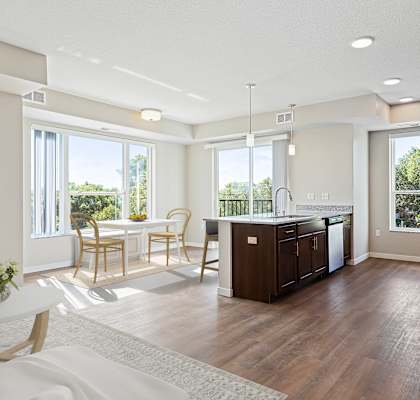 a living room with a kitchen and a dining room