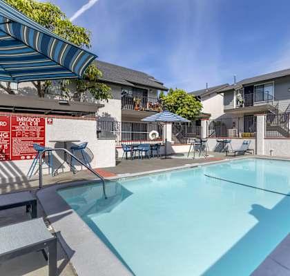our apartments have a swimming pool and a patio with umbrellas