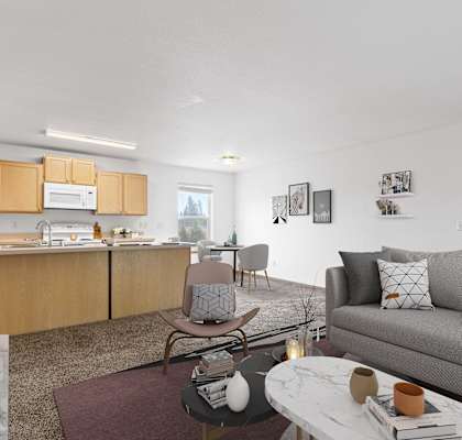 a living room and kitchen in a 555 waverly unit