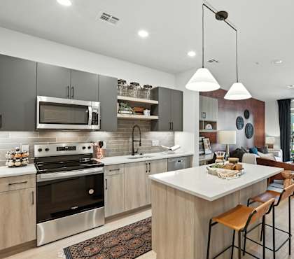 Kitchen and living room at Station 316 Woburn MA
