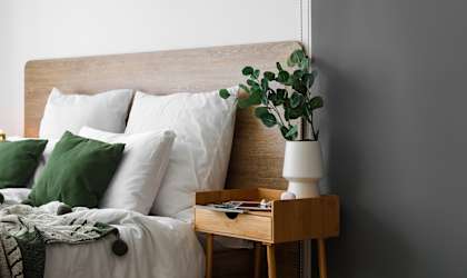 A bed with white pillows and a green throw is next to a wooden nightstand with a plant on it.