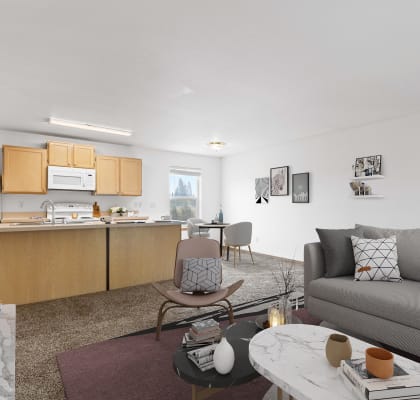 a living room and kitchen in a 555 waverly unit