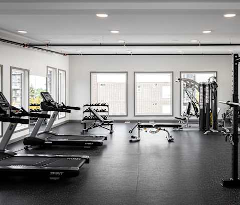 a large fitness room with treadmills and other exercise equipment