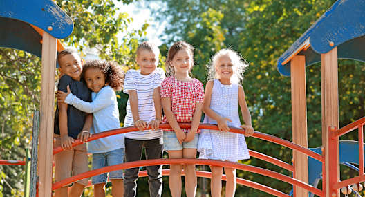 A group of children are standing on a playground bridge.