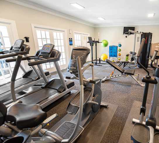 A gym with treadmills, elliptical machines, and other exercise equipment.