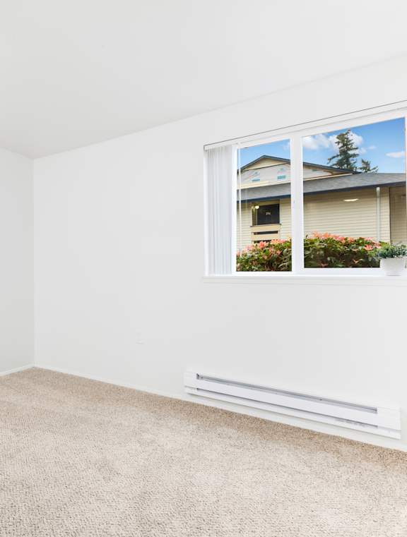 A room with a carpeted floor and a sliding glass door.
