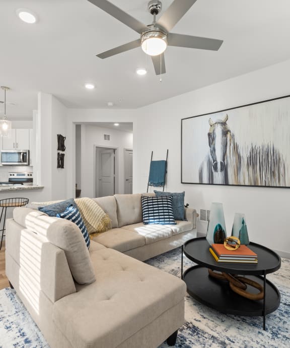 a living room with a couch and a chair and a ceiling fan