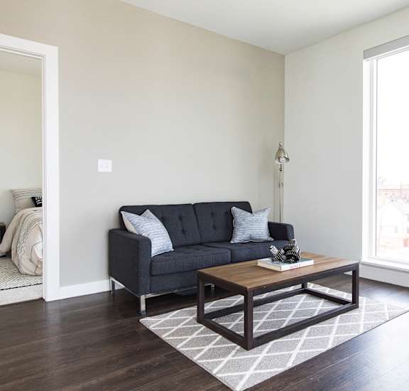 A black couch with white pillows sits in a living room with a coffee table in front of it.