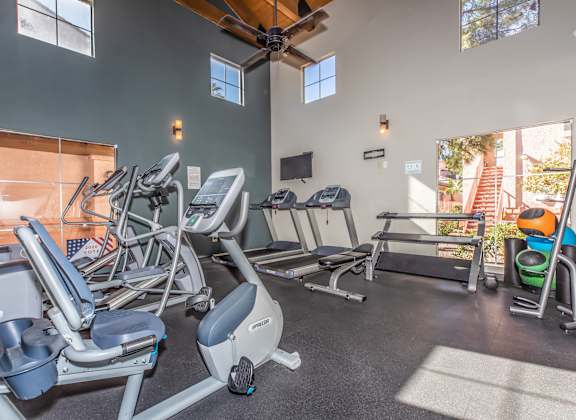 A gym with treadmills, elliptical machines, and a fan.