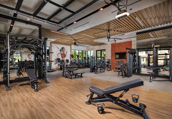 A gym with a variety of equipment including weights and benches.
