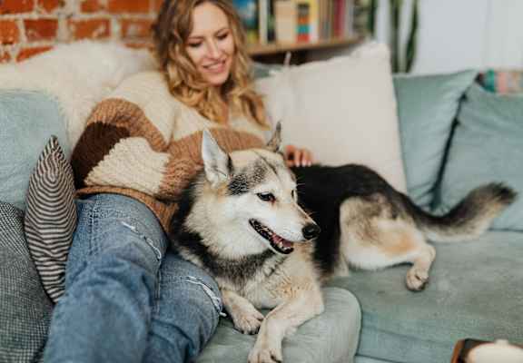 A woman is sitting on a couch with a husky dog at Balfour Forest Apartments in Marietta, 30008
