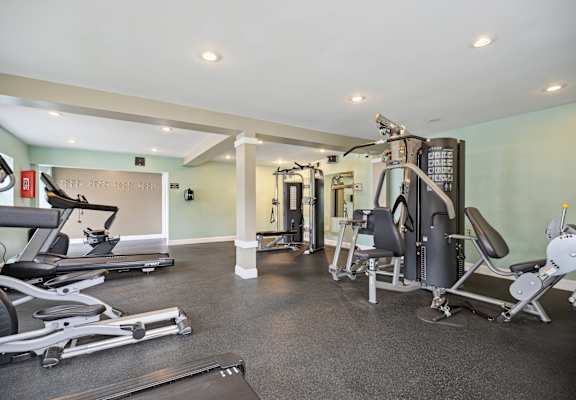 a gym with cardio equipment and weights on the floor