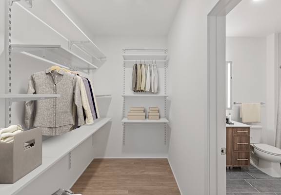 A white bathroom with a toilet, sink, and a walk-in closet.