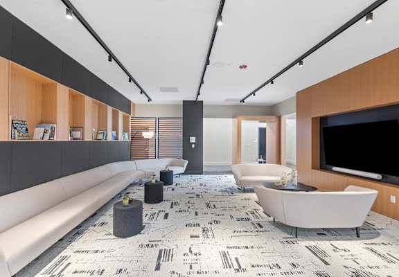 A modern living room with a white sofa, a patterned rug, and a flat-screen TV.