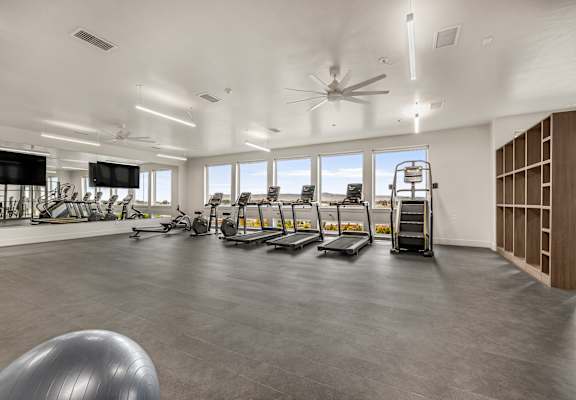 A spacious gym with treadmills, elliptical machines, and a fan.