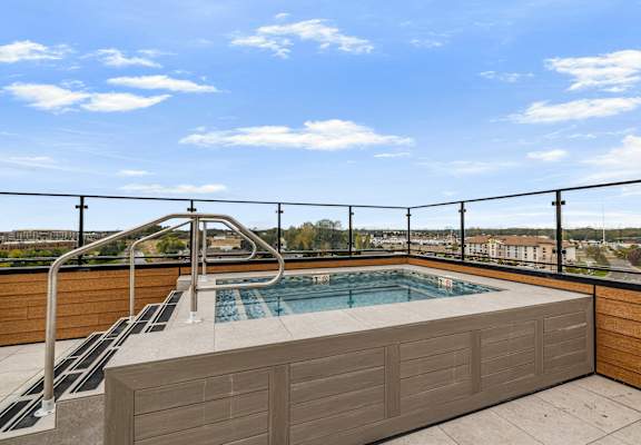 A rooftop pool with a ladder and a view of the city.