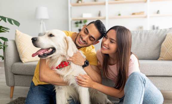 a man and woman sitting on a couch with a dog