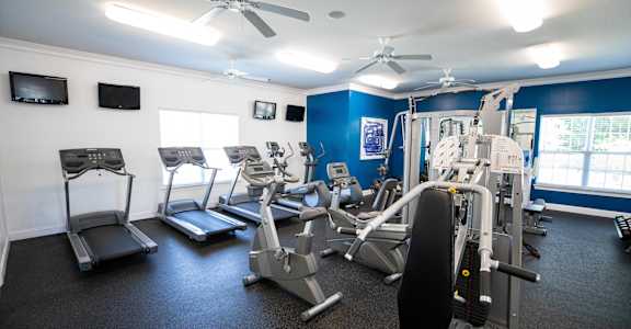 A gym with treadmills, exercise bikes, and other equipment.