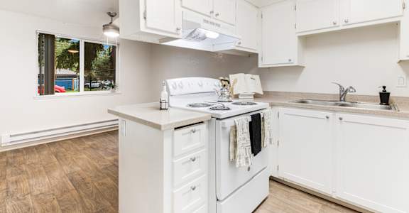 a kitchen with white cabinets and a stove and a window