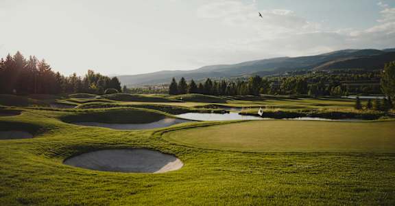 A golf course with a bird flying in the sky.