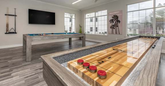 a games room with a shuffleboard table and a billiards table