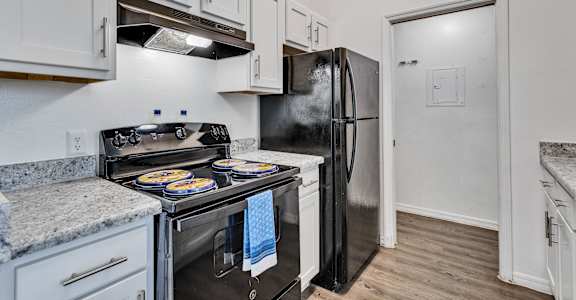 a kitchen with white cabinets and stainless steel appliances and a black refrigerator