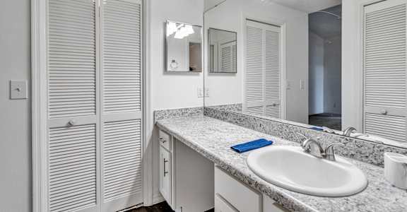 a bathroom with a sink and a mirror and a closet